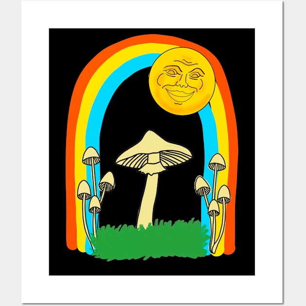 80s Retro Hippies Face Smiling Sun Mushroom Magic Rainbow Wall Art by livania